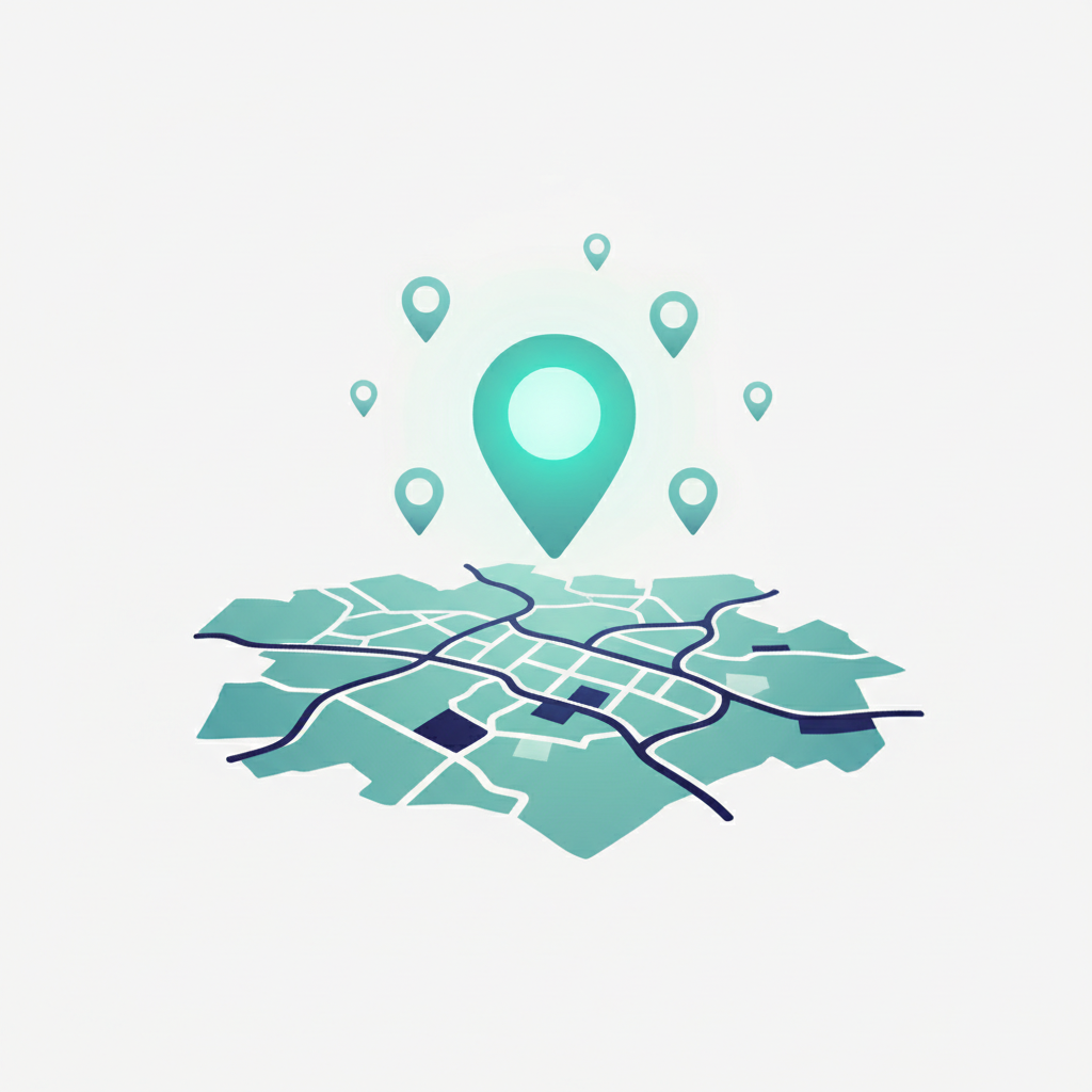Illustrated city map with glowing location pins, one highlighted in teal, representing local search visibility for psychiatry clinics