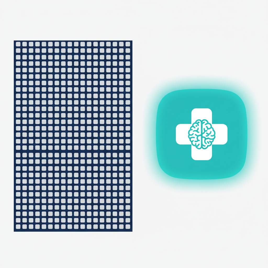 A uniform grey grid of identical modules beside a single distinct teal module, representing a specialized tool versus a generic one