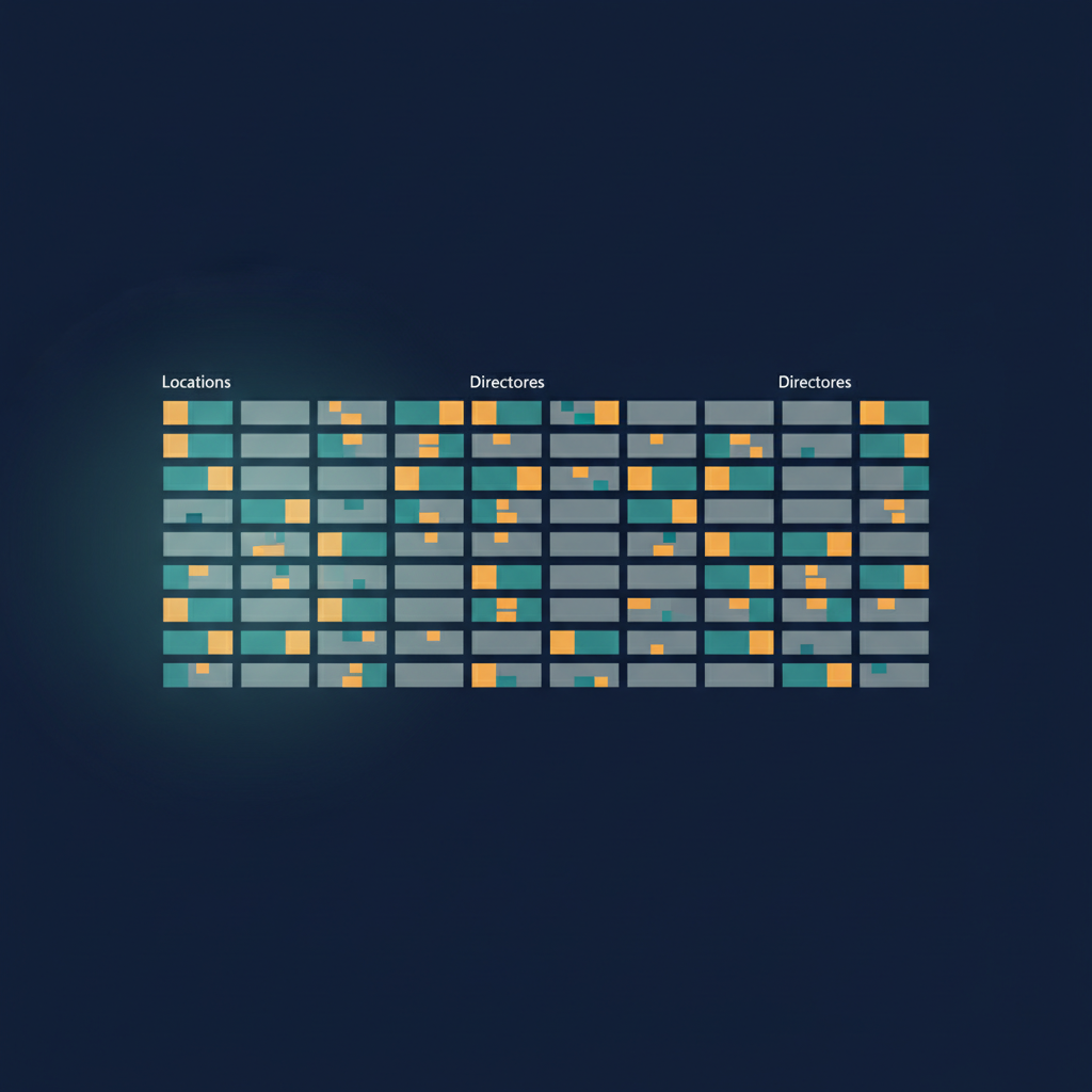 Illustration of a dashboard grid of teal, amber and grey status tiles