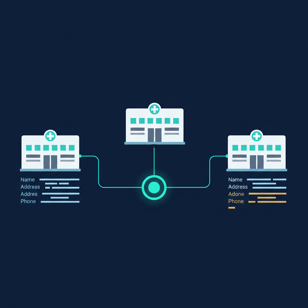 Illustration of three medical office buildings linked to a central hub with matching data rows