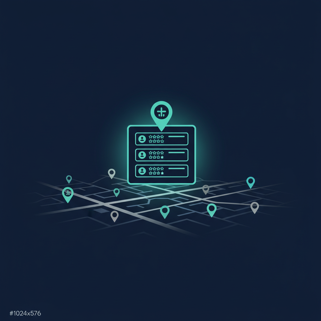 Illustration of a map with a glowing three-result local pack panel above it