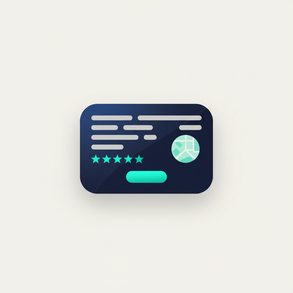Abstract local business profile card on a phone panel showing teal star ratings, a map thumbnail and a call to action button