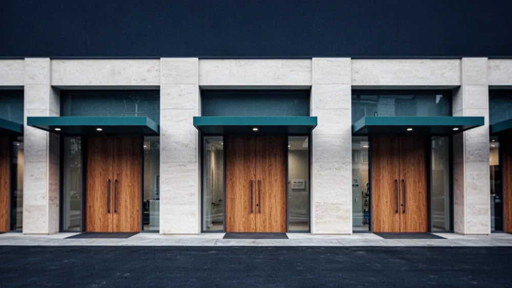 Three identical clinic entrances with matching teal canopies repeating along a single building facade