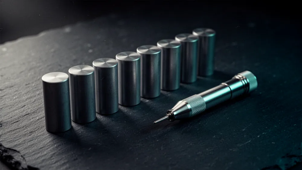 A row of identical grey metal cylinders beside a single distinct brushed steel precision instrument on a dark surface