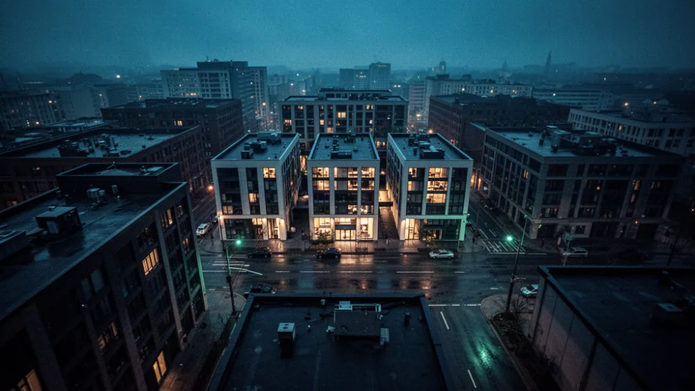 An elevated blue hour view over a city block where three central buildings glow with warm interior light