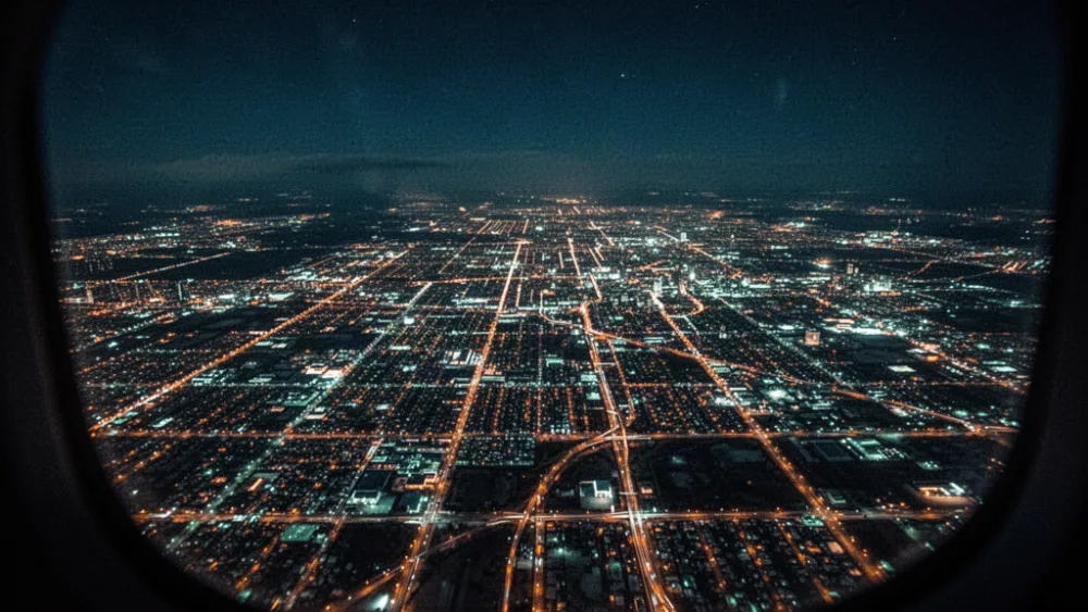 A high altitude aerial night view of a vast city grid lit by thousands of amber and teal points of light