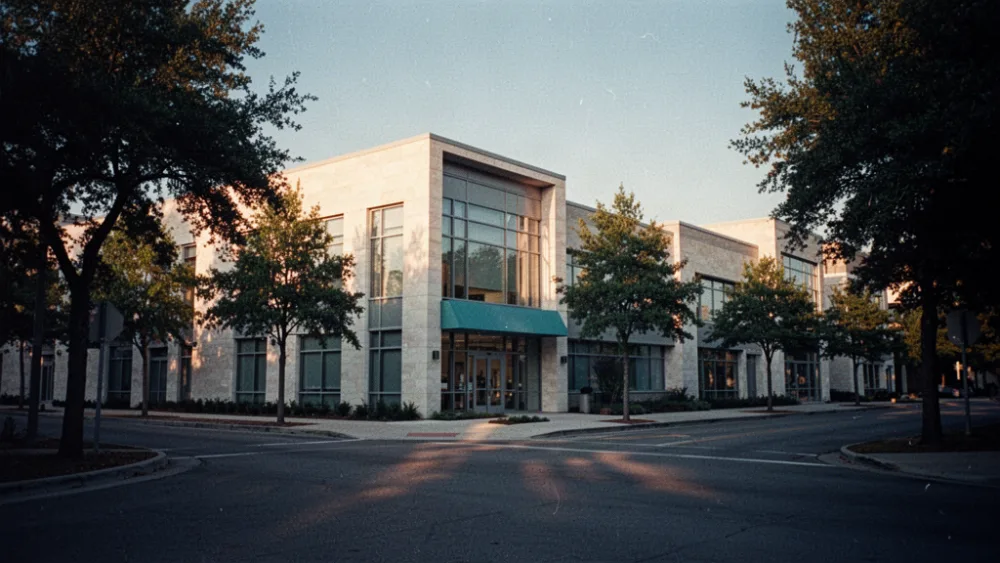 Modern medical office buildings with a teal entrance canopy lining a quiet tree-lined street in late afternoon light