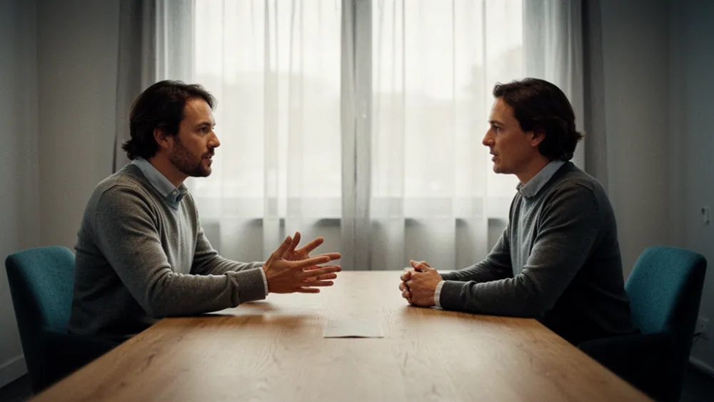 Two professionals in conversation across a light oak table in a calm modern office