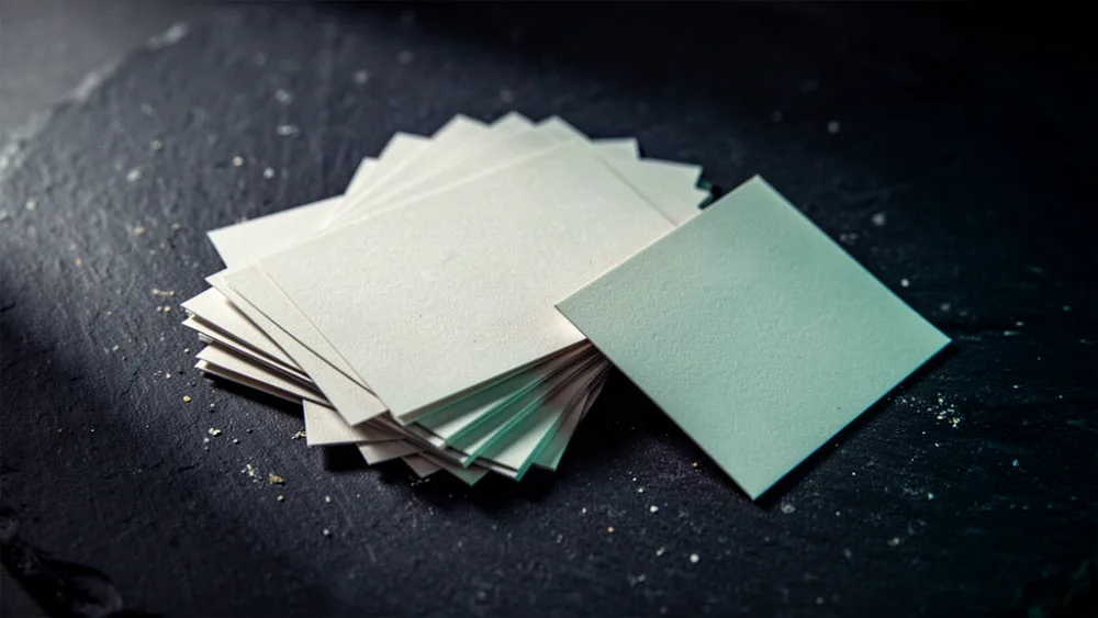 A fanned stack of blank cards lying misaligned on a dark slate surface, with one card separated from the group