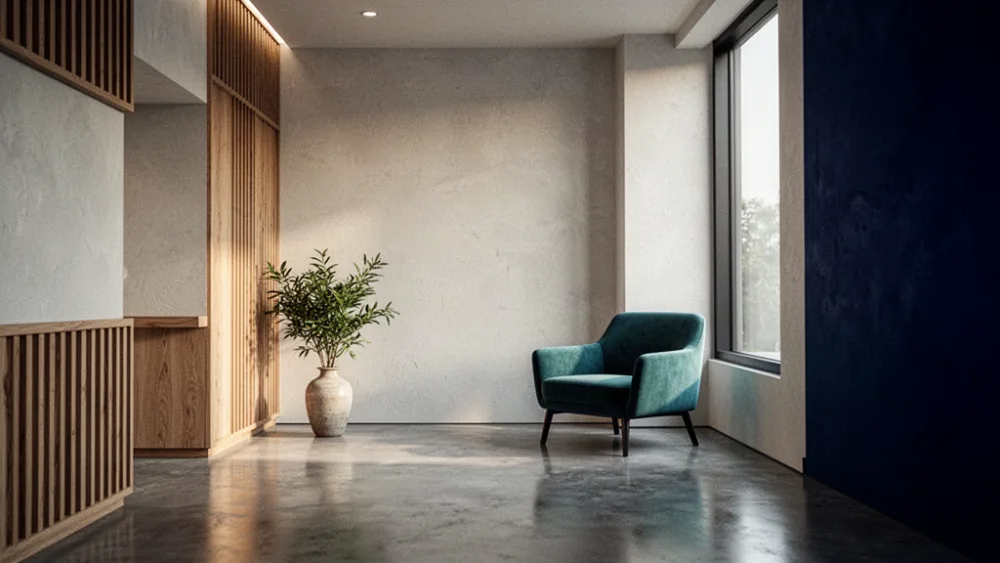 A calm modern clinic waiting area with a deep teal lounge chair beside a tall sunlit window
