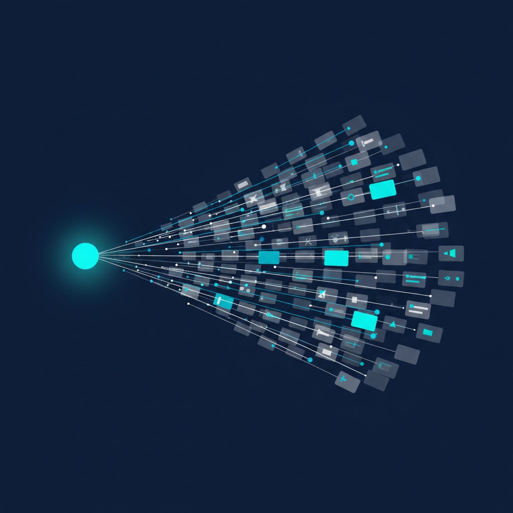 Illustration of one node expanding into a wide fan of directory listing cards