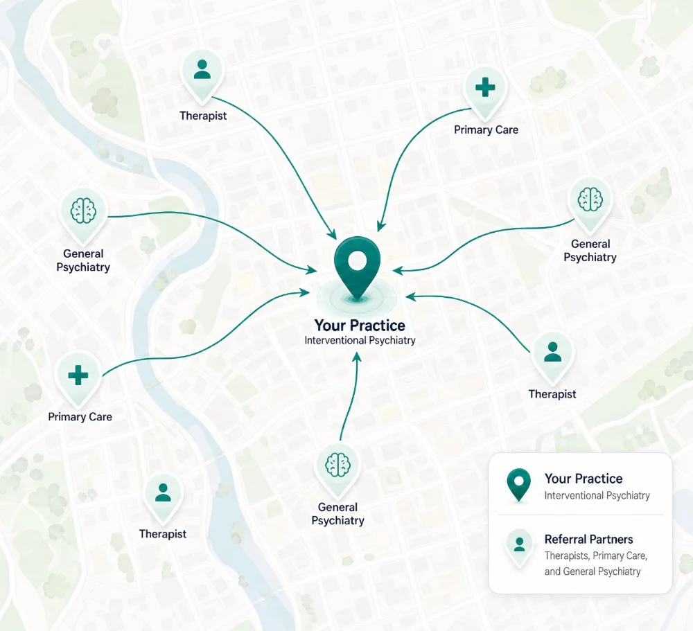 Map highlighting non-interventional referral partners like primary care and therapists around your practice